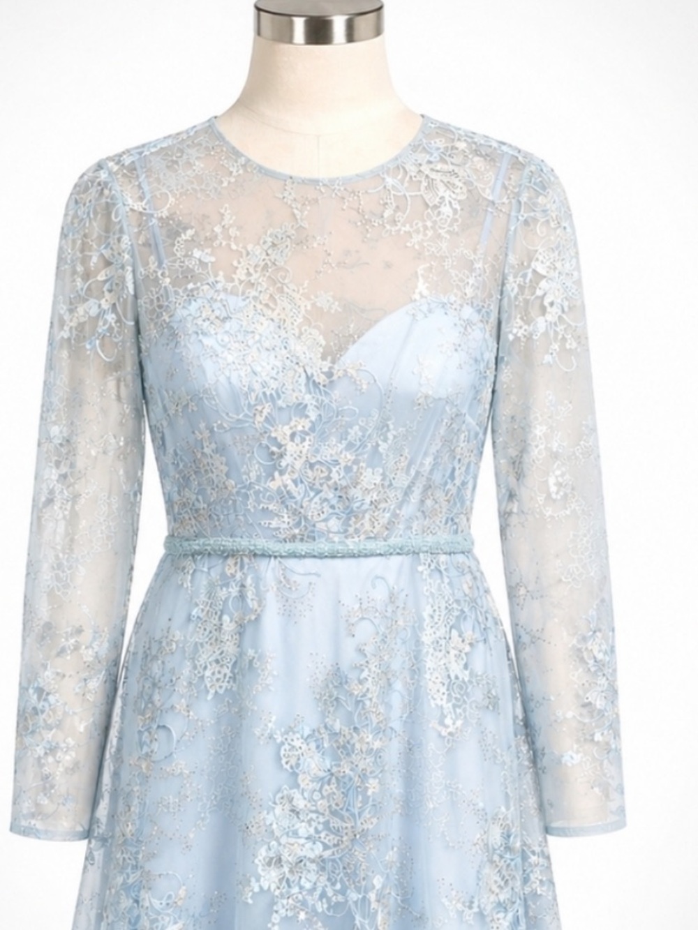 Mac Duggal Pale Blue Lace Long Sleeve A-Line Dress